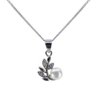 925 Silver Clear CZ & Freshwater Pearl Leaf Pendant Necklace
