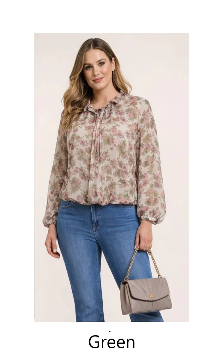 Chiffon Bubble Hem Floral Blouse Top - Image 3