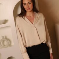 Sateen V Collared High Low Blouse