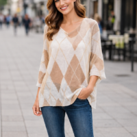 Diamond Print V Mesh Fine Knit Top