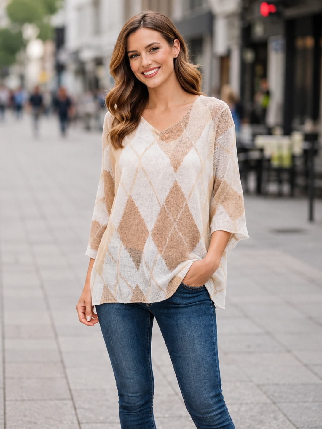 Diamond Print V Mesh Fine Knit Top