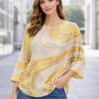 Yellow Swirls Print Foil Mesh Fine Knit