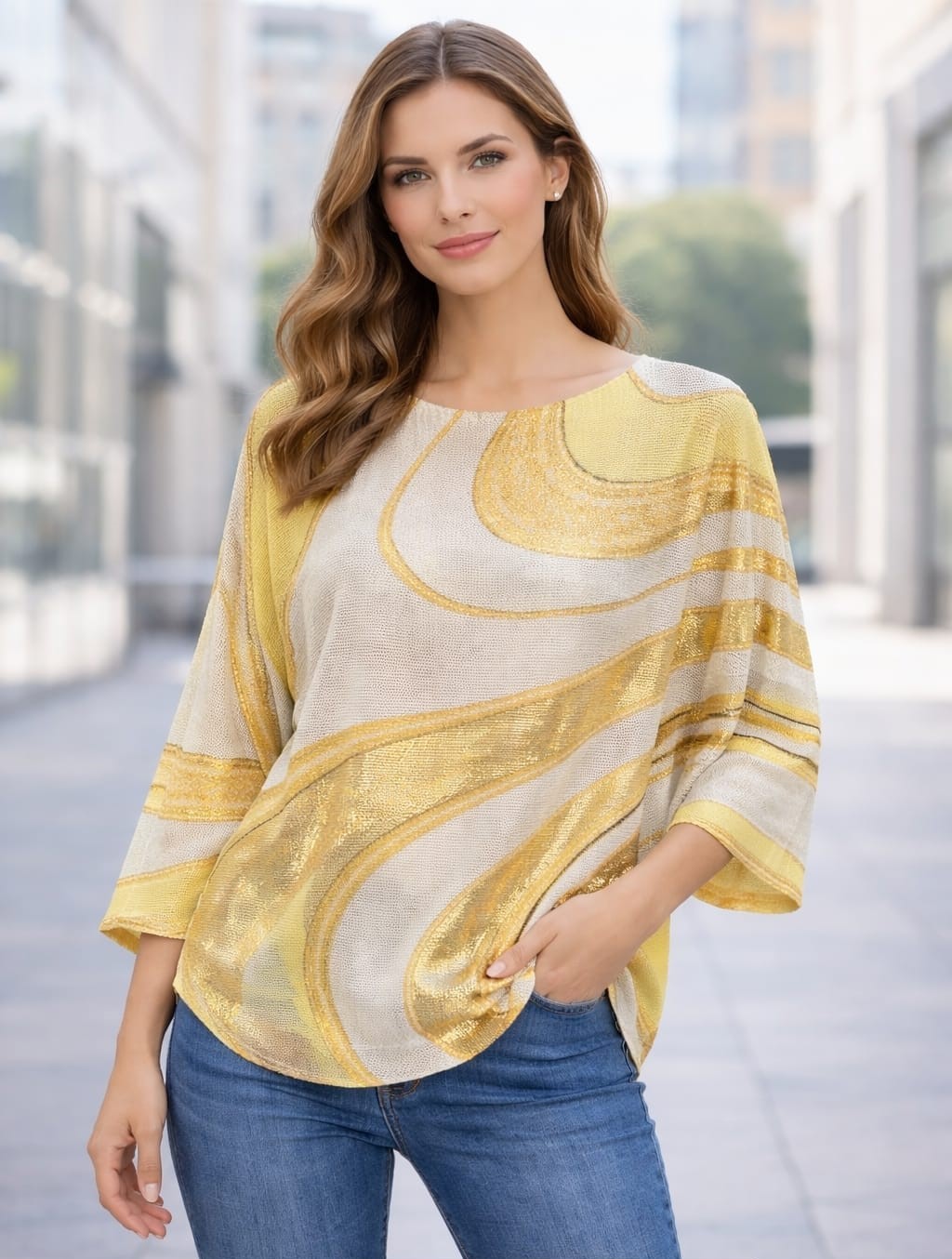 Yellow Swirls Print Foil Mesh Fine Knit