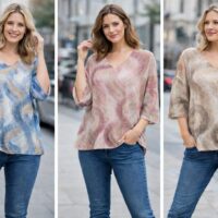 Swirls Print V Mesh Fine Knit Top